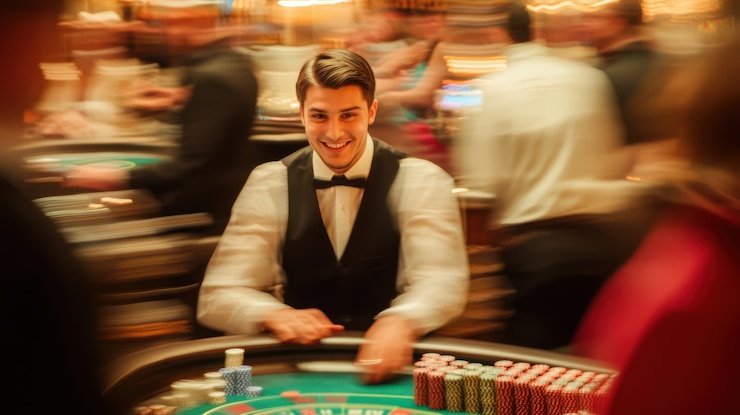 Professional live dealer managing blackjack table in Pragmatic Live Casino studio